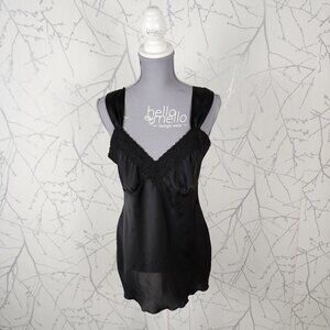 Nine West Black Satin Lace Trim Babydoll Slip Dress